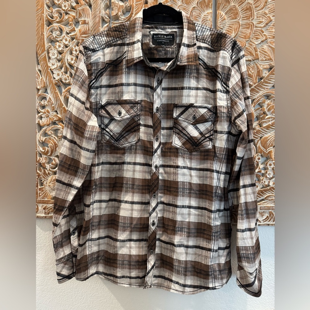 Buckle Black Standard Fit, Brown, Black, & White Plaid Western Button Down Shirt